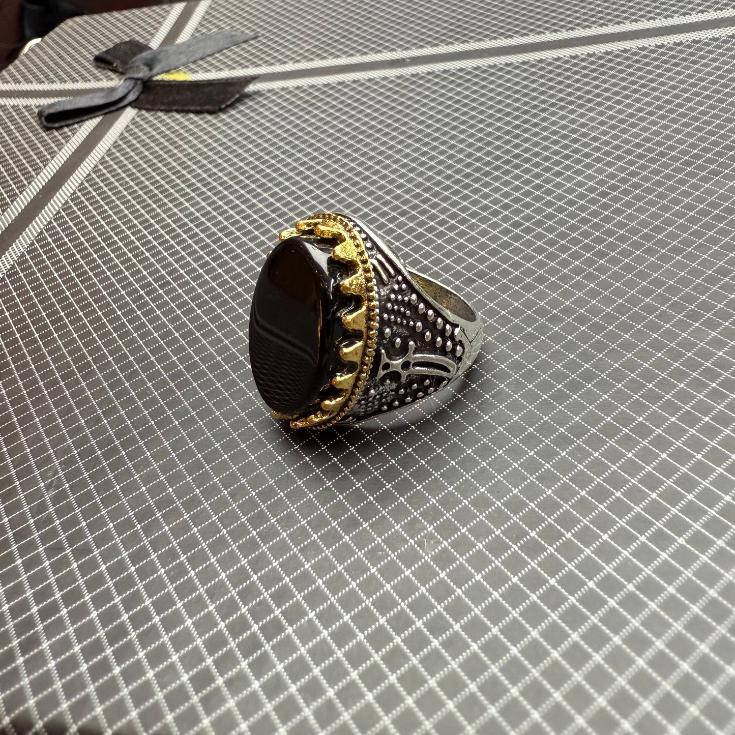 Italian Stainless Steel Black Aqeeq Ring with Free Home Delivery