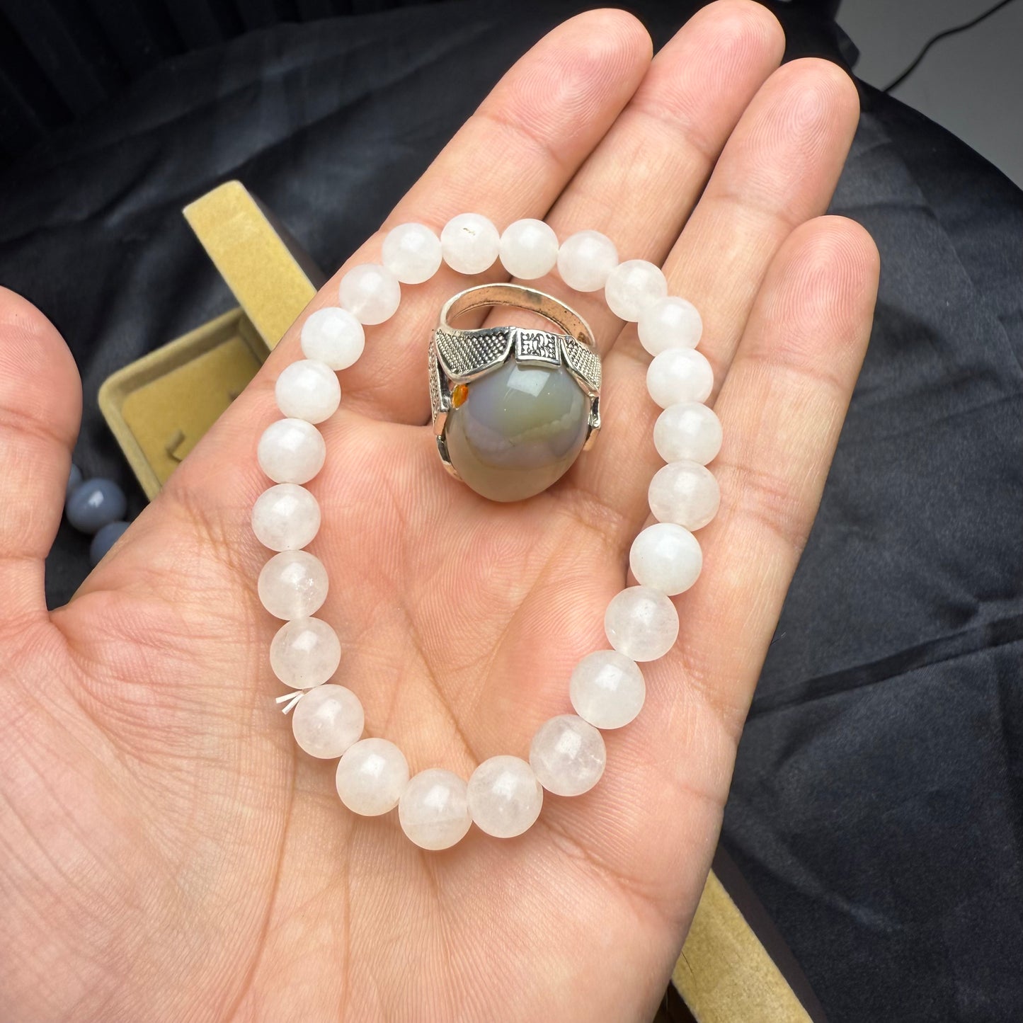 White Stone Bracelet with Shejri Aqeeq Ring – Elegant Stone Combo