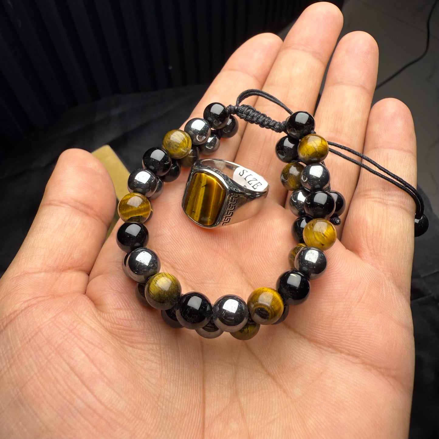 Tiger Black Aqeeq Hematite Triple Stone Bracelet with Tiger Ring – Premium Stone Set