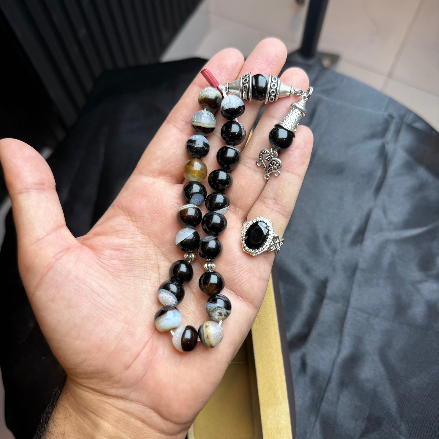 Black Sulamani Aqeeq Tasbih with Black Zircon Ring – Elegant Stone Set