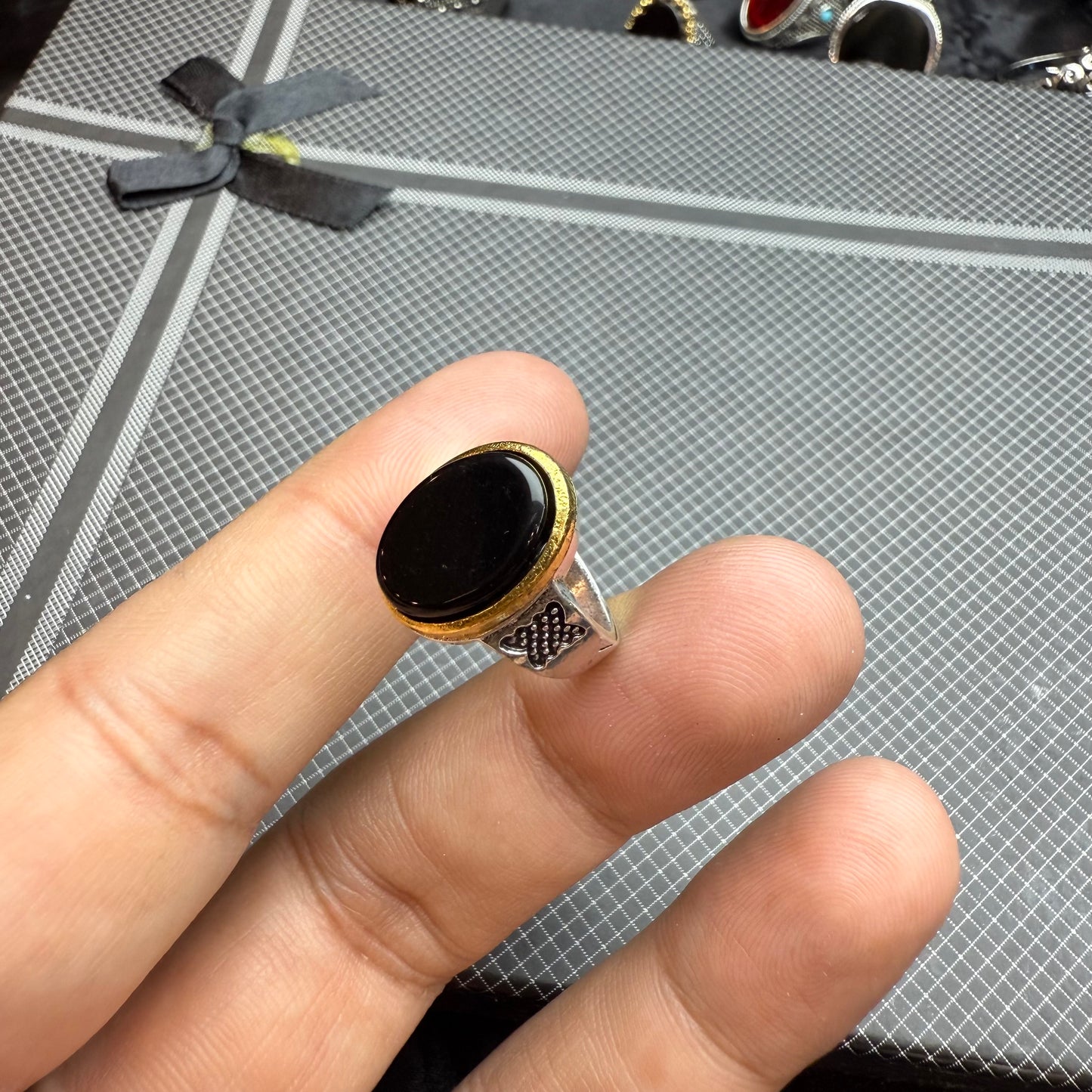 Italian Stainless Steel Black Aqeeq Ring with Free Home Delivery