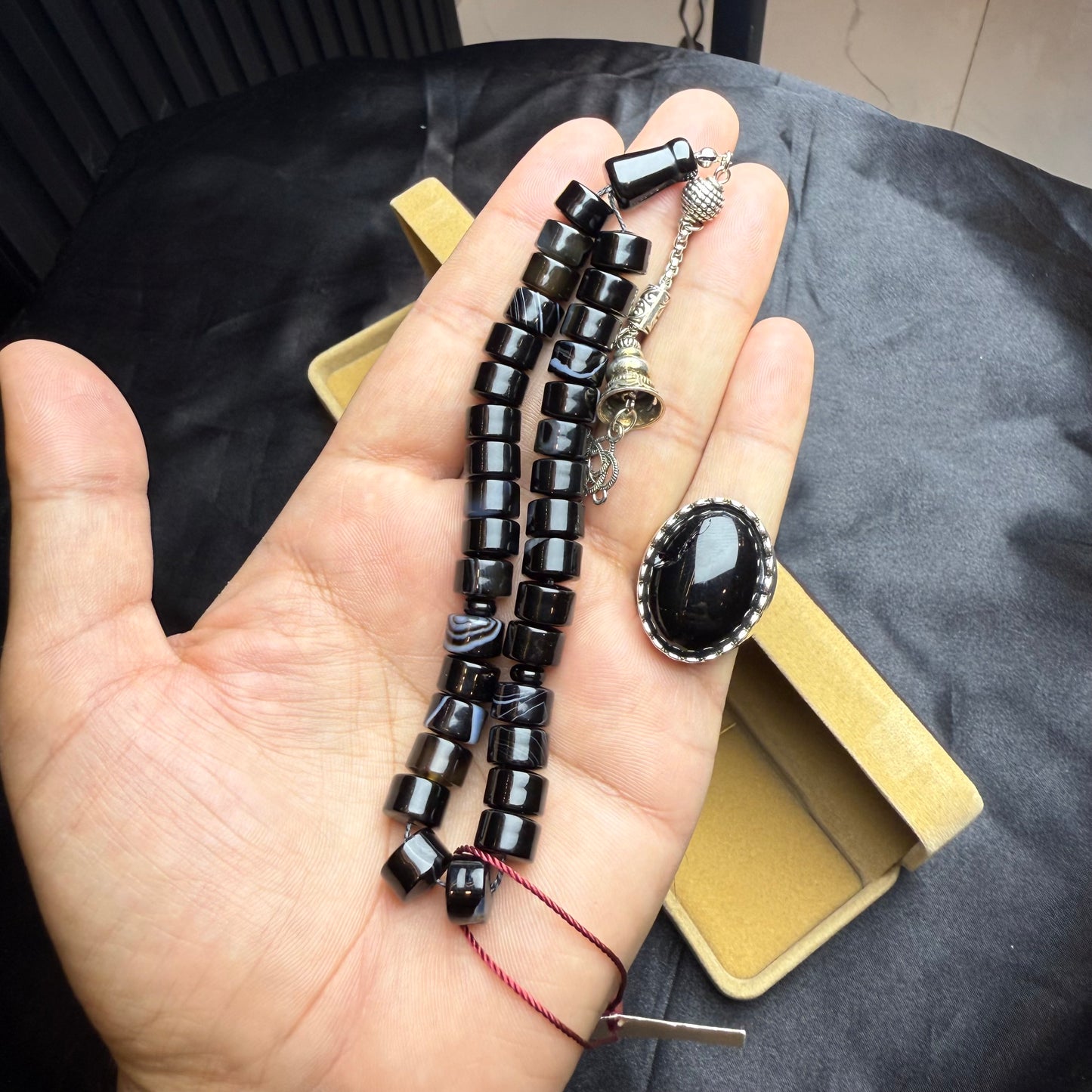 Black Aqeeq Irani Stone Tasbih with Black Aqeeq Ring – Premium Combo