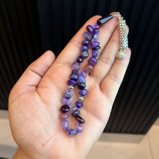 Premium Natural aqeeq Amethyst colour Stone Tasbih | Handcrafted Stone Tasbih