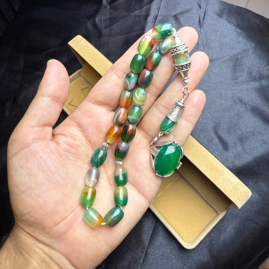 Green Aqeeq Ring with Green Aqeeq Tasbih – Original Stone Set