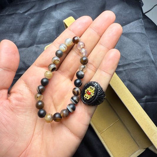 Black Zircon Ring with Black Aqeeq Mix Stone Bracelet – Elegant Combo Set