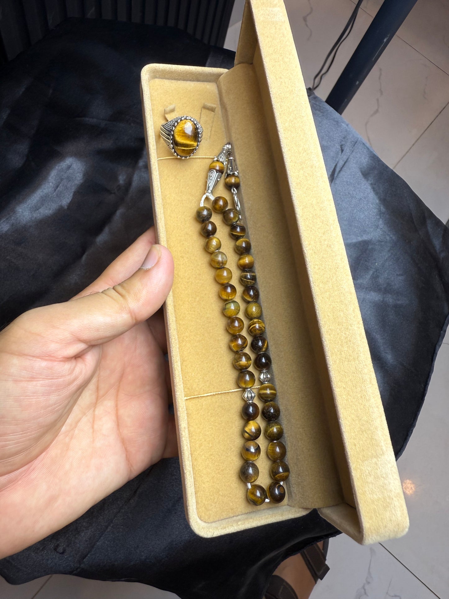 Tiger Aqeeq Tasbih with Tiger Aqeeq Ring – Natural Stone Deal