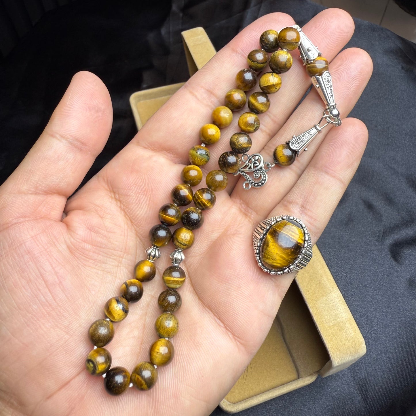Tiger Aqeeq Tasbih with Tiger Aqeeq Ring – Natural Stone Deal