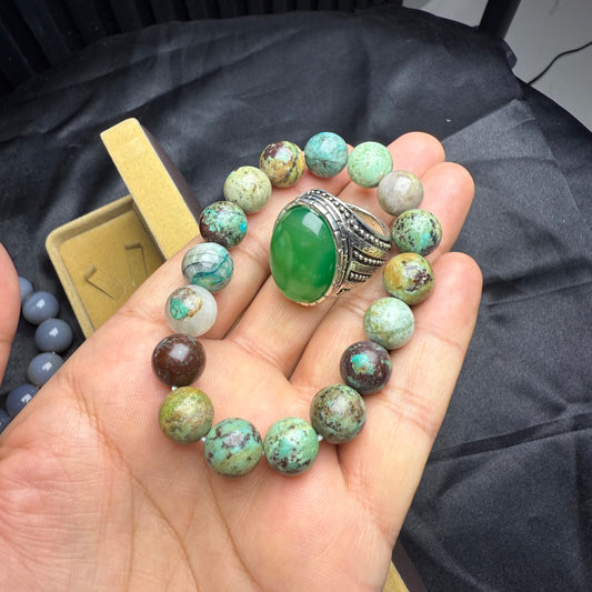 Green Aqeeq Ring with Stone Bracelet – Natural Stone Set