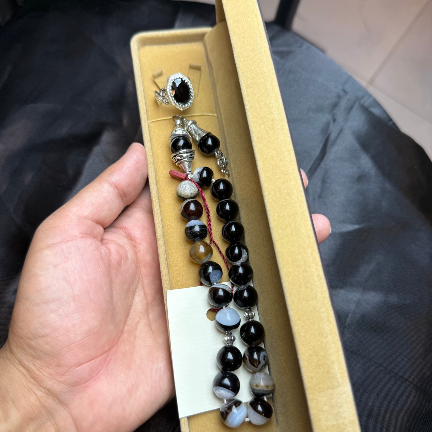 Black Sulamani Aqeeq Tasbih with Black Zircon Ring – Elegant Stone Set