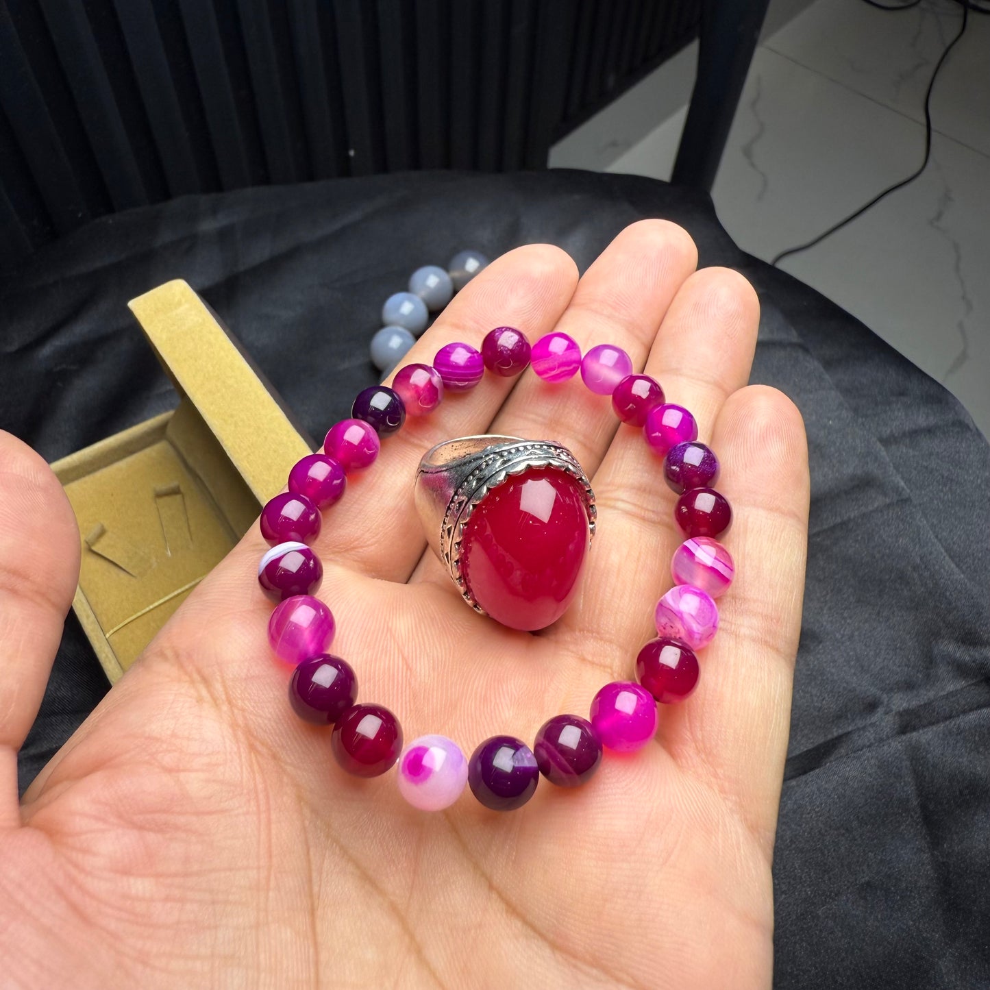 Pink Stone Bracelet with Yammni Aqeeq Ring – Elegant Stone Combo