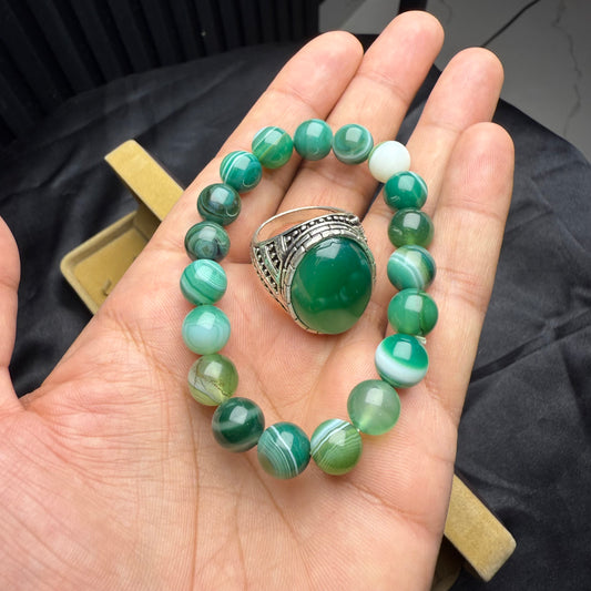 Green Aqeeq Bracelet with Green Aqeeq Ring – Natural Stone Combo