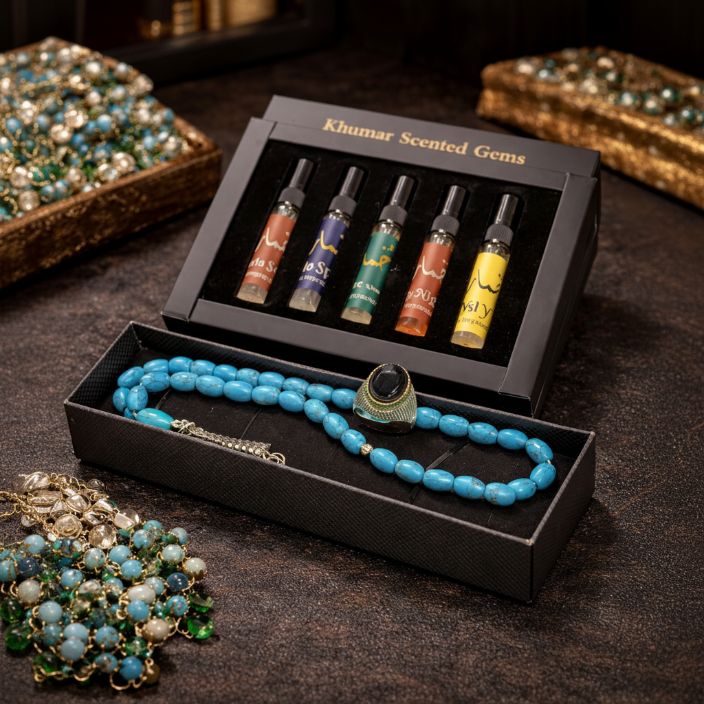 Khumar Brand Gift Deal — 12 Hour Lasting Perfume + Feroza Tasbih + Black Aqeeq Ring | Free Delivery