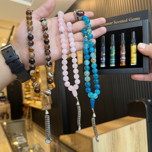 Deal of 5 — Anari Ring Perfume Kit (Pack of 5) + 3 Premium Stone Tasbih (Neelum Aqeeq, Rose Quartz, Sulemani Aqeeq) | 12-Hour Lasting | Free Home Delivery