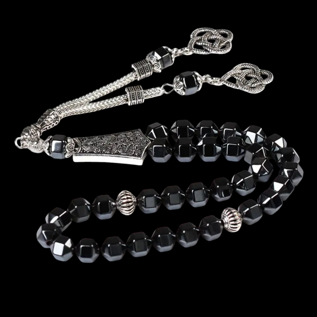 🖤 بلیک ہیمیٹائٹ اسٹون کی دلکش روحانی تسبیح – 33 دانے 🖤