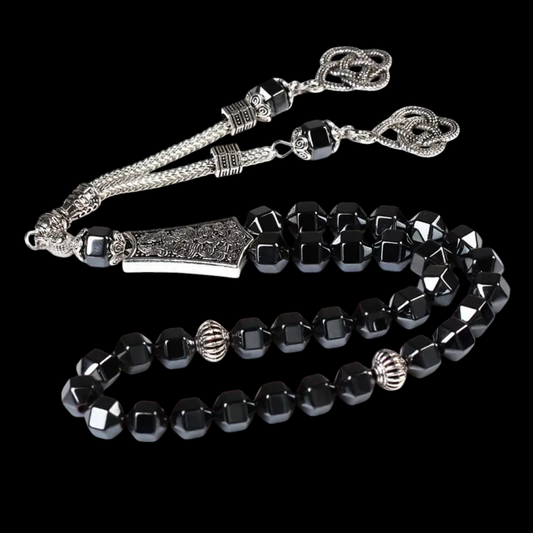 🖤 بلیک ہیمیٹائٹ اسٹون کی دلکش روحانی تسبیح – 33 دانے 🖤