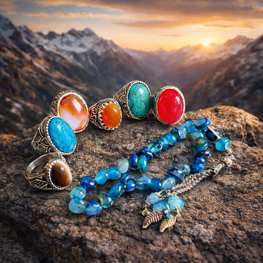 Deal of 6 Gemstone Rings (Aqeeq, Yamni, Sulamani, Feroza) with Nellum Tasbih